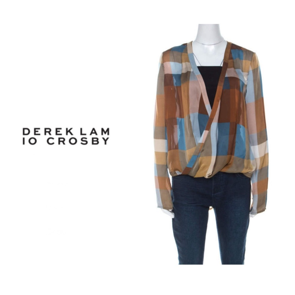 10 Crosby Derek Lam Silk Plaid Surplice Blouse in Brown, Blue, Cream